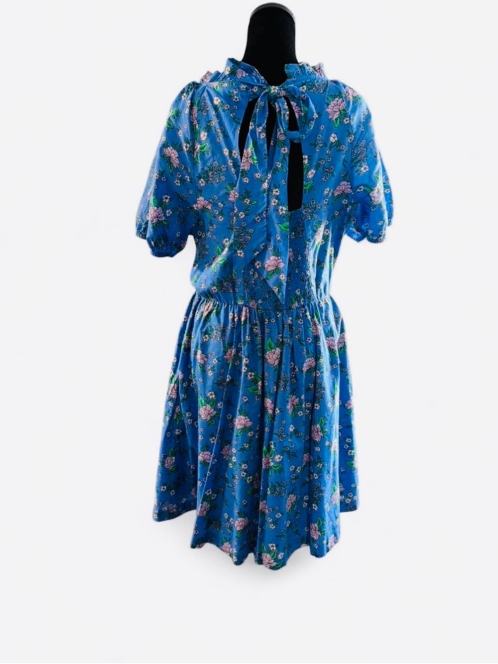 J.Crew Blue Floral Puff Sleeve Dress Size 10 Tie Back Mini Cottagecore - Picture 5 of 6